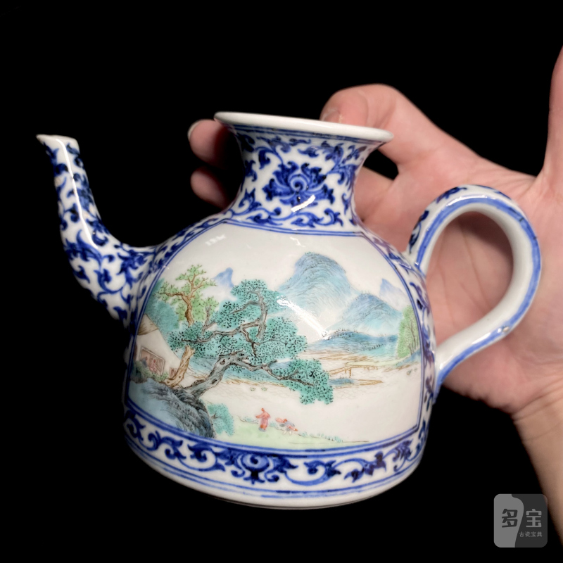 清乾隆 唐英製青花开光粉彩山水高士赏游诗意图茶壶 - 图14
